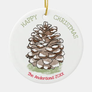Happy Christmas Pine Cone Personalized Ceramic Tree Decoration