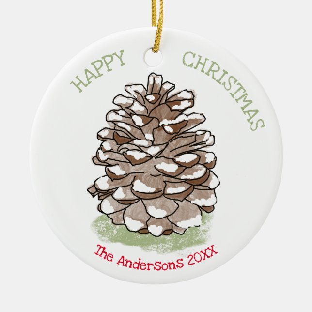 Happy Christmas Pine Cone Personalized Ceramic Tree Decoration (Front)