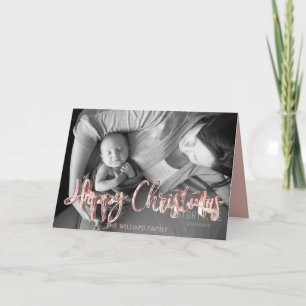 Happy Christmas Pink Rose Gold Text Overlay Holiday Card