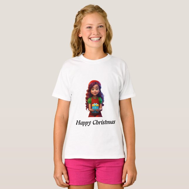 Happy Christmas printing with cute girl  T-Shirt (Front Full)