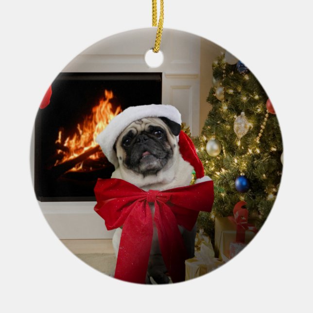 Happy Christmas Pug Misha with Bow Ceramic Tree Decoration (Front)