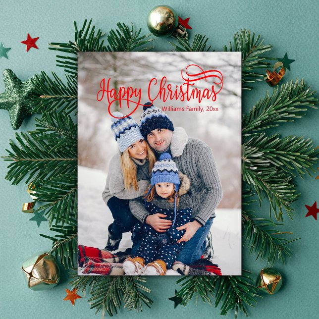happy christmas red calligraphy family photo chic  card (Creator Uploaded)