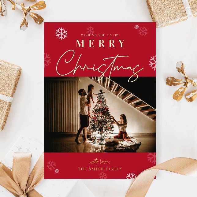 Happy Christmas Red One Family Photo Foil Card (Elegant red and gold foil family photo greeting cards for the festive season)