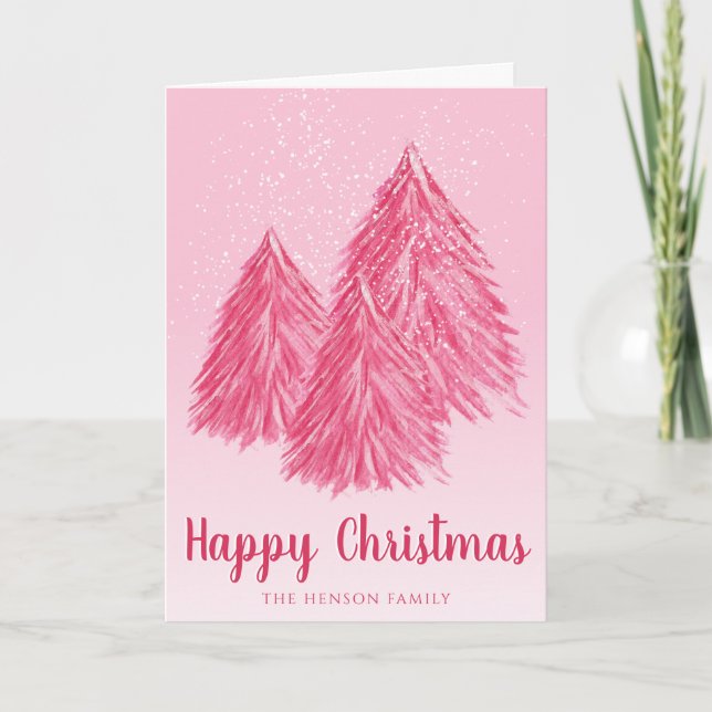 Happy Christmas Red Watercolor Christmas Trees Holiday Card (Front)