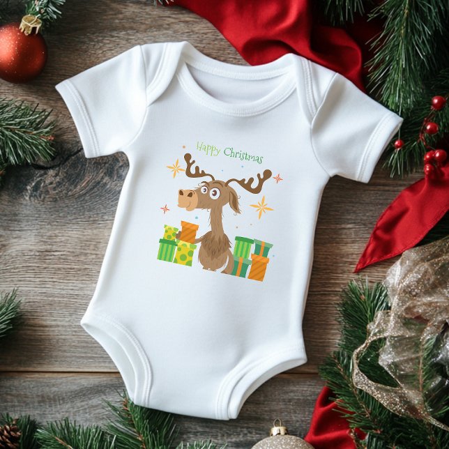 Happy Christmas Reindeer Cartoon | Holidays Baby Bodysuit (Creator Uploaded)