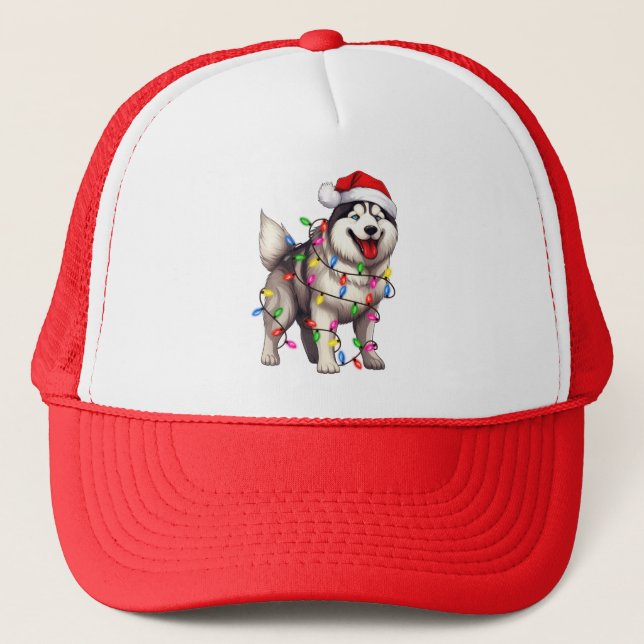 Happy Christmas Siberian Husky with Santa Hat (Front)