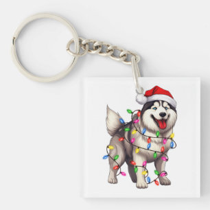 Happy Christmas Siberian Husky with Santa Hat Key Ring