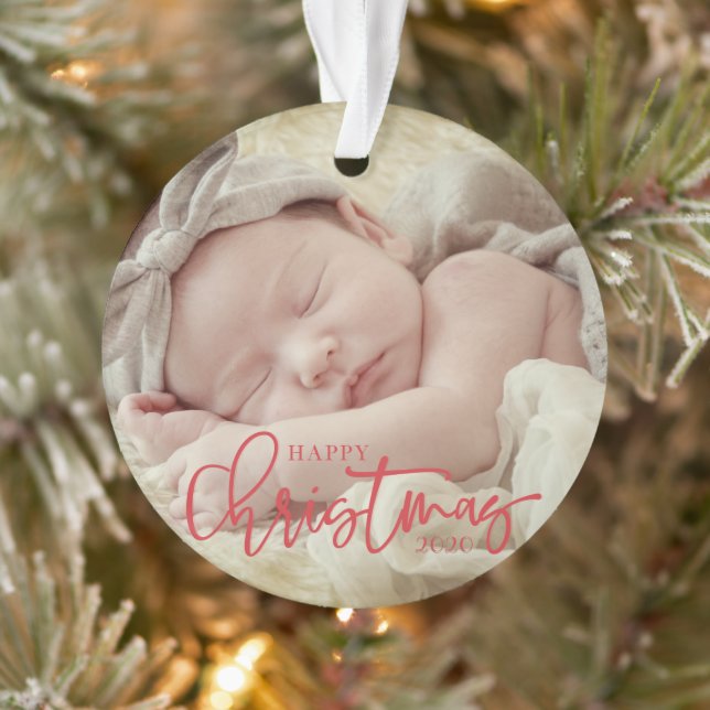 Happy Christmas Simple Script Custom Baby Photo Ornament (Tree)
