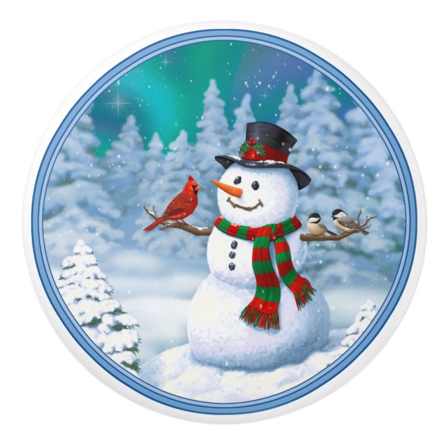 Happy Christmas Snowman & Birds Winter Scene Ceramic Knob (Front)