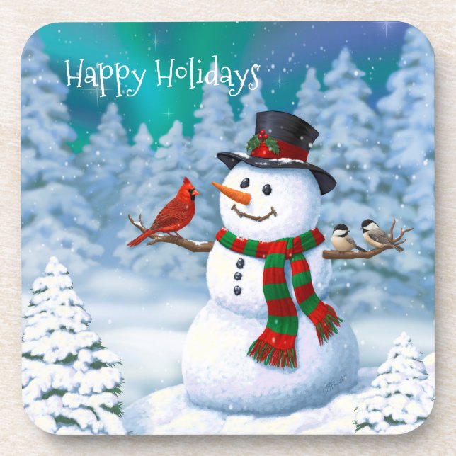 Happy Christmas Snowman & Birds Winter Scene Coaster (Front)