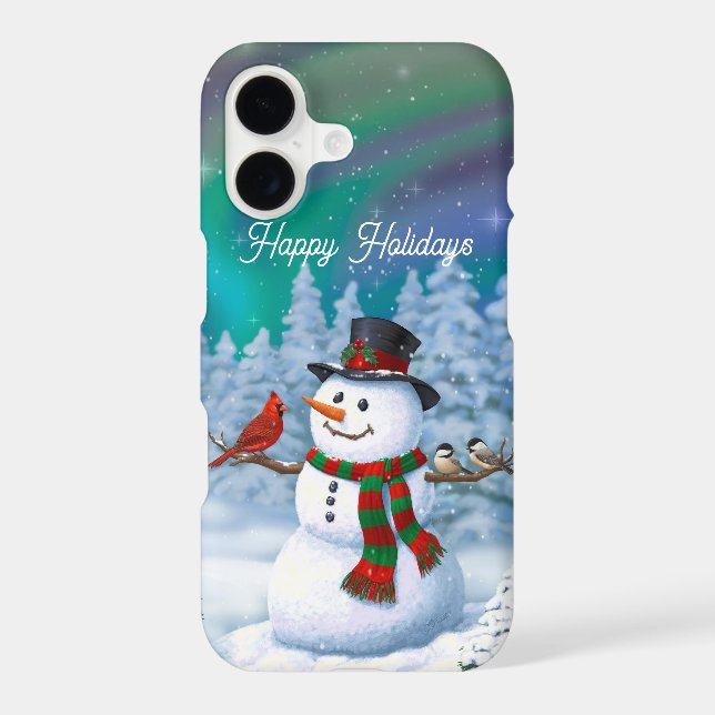 Happy Christmas Snowman & Birds Winter Scene iPhone Case (Back)