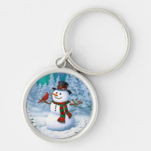 Happy Christmas Snowman & Birds Winter Scene Key Ring