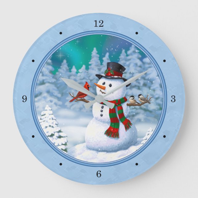 Happy Christmas Snowman & Birds Winter Scene Large Clock (Front)
