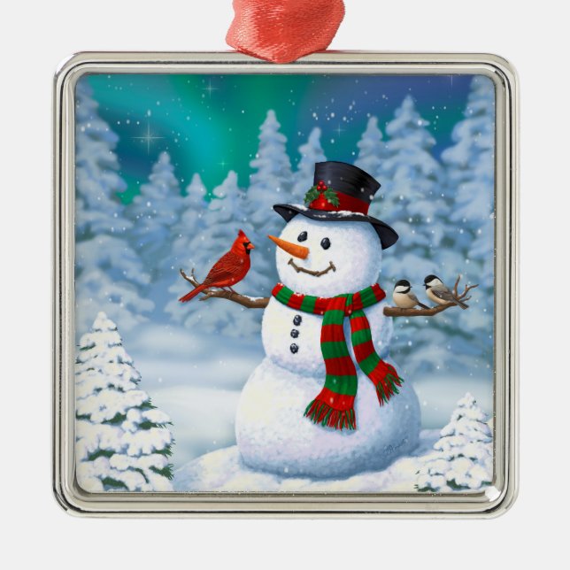 Happy Christmas Snowman & Birds Winter Scene Metal Tree Decoration (Front)