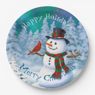 Happy Christmas Snowman & Birds Winter Scene Paper Plate