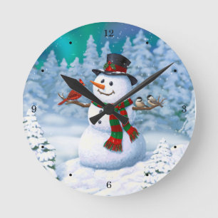 Happy Christmas Snowman & Birds Winter Scene Round Clock
