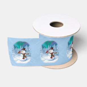 Happy Christmas Snowman & Birds Winter Scene Satin Ribbon