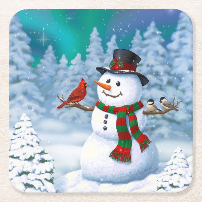 Happy Christmas Snowman & Birds Winter Scene Square Paper Coaster (Front)