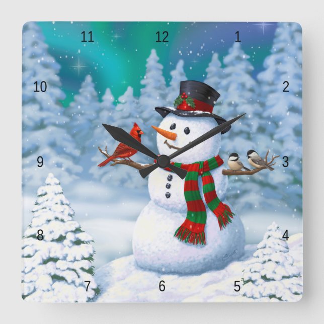 Happy Christmas Snowman & Birds Winter Scene Square Wall Clock (Front)