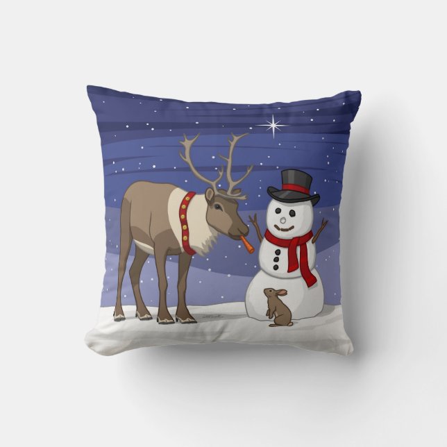 Happy Christmas Snowman & Cute Reindeer Cushion (Front)