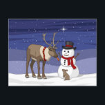 Happy Christmas Snowman & Cute Reindeer Postcard<br><div class="desc">A deer eats the carrot nose of snowman and shares it with a cute bunny rabbit.</div>