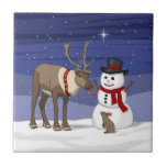 Happy Christmas Snowman & Cute Reindeer Tile<br><div class="desc">A deer eats the carrot nose of snowman and shares it with a cute bunny rabbit.</div>