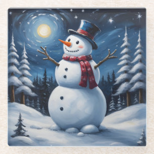 Happy christmas snowman glass coaster
