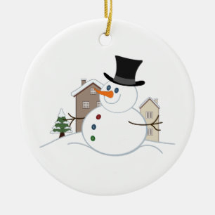 Happy Christmas Snowman Illustration Ceramic Tree Decoration