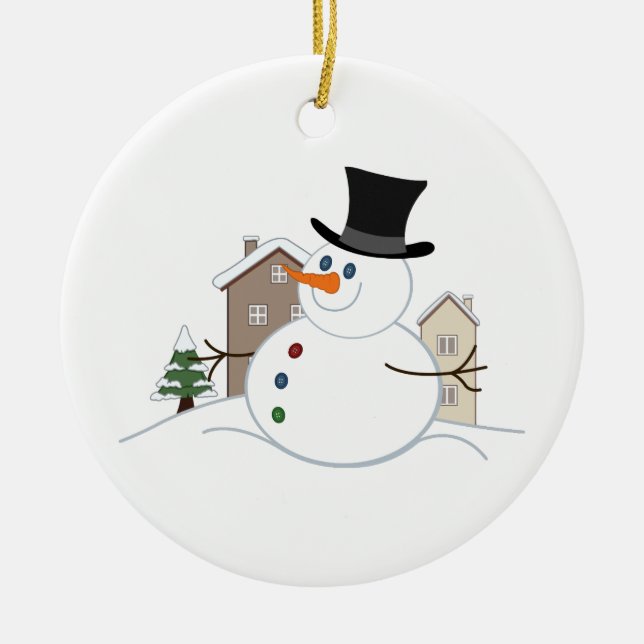 Happy Christmas Snowman Illustration Ceramic Tree Decoration (Front)