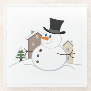 Happy Christmas Snowman Illustration Glass Coaster