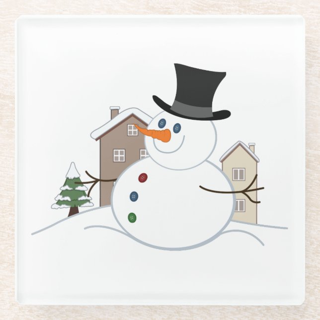 Happy Christmas Snowman Illustration Glass Coaster (Front)