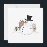 Happy Christmas Snowman Illustration Holiday Card<br><div class="desc">Illustration of a cartoon style Christmas snowman in a snow scene with snow covered houses and a tree in the background.</div>