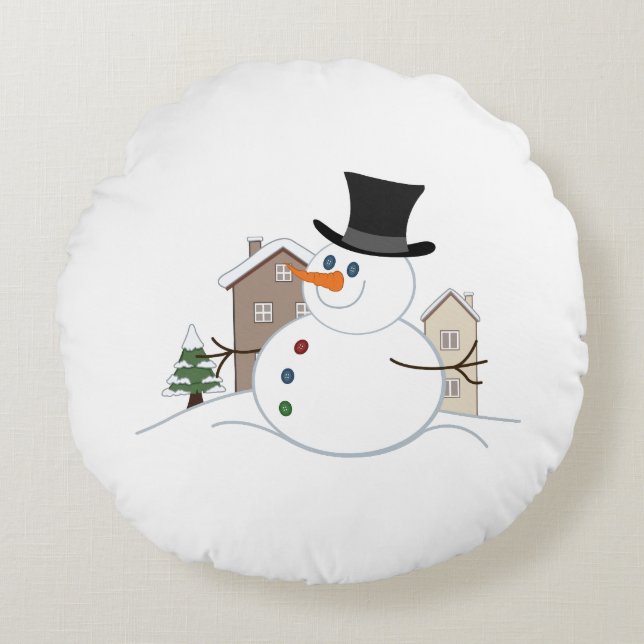 Happy Christmas Snowman Illustration Round Cushion (Front)