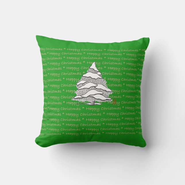 Happy Christmas Snowy Evergreen 16x16 Throw Pillow (Front)