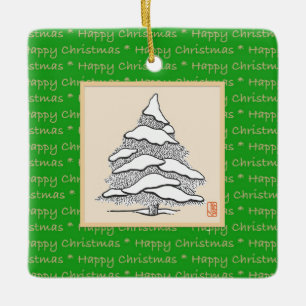 Happy Christmas Tree Square Ceramic Ornament