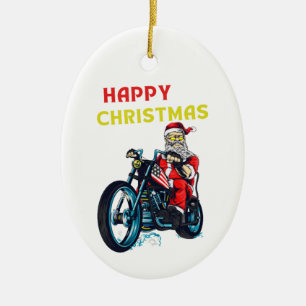 Happy Christmas Vintage Santa Biker Ceramic Tree Decoration