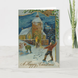 Happy Christmas - Vintage snowball fight postcard