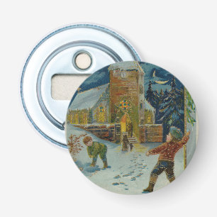 Happy Christmas - Vintage snowball fight postcard Bottle Opener