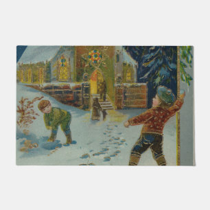 Happy Christmas - Vintage snowball fight postcard Doormat