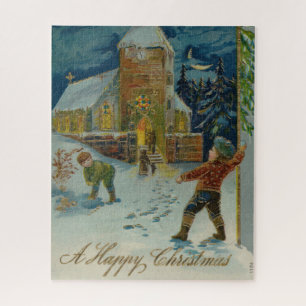 Happy Christmas - Vintage snowball fight postcard Jigsaw Puzzle