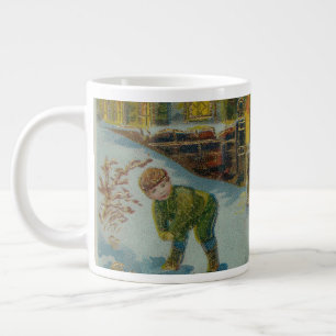 Happy Christmas - Vintage snowball fight postcard Large Coffee Mug