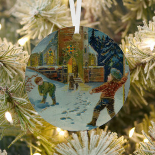 Happy Christmas - Vintage snowball fight postcard Metal Tree Decoration