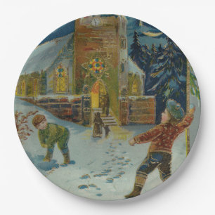 Happy Christmas - Vintage snowball fight postcard Paper Plate