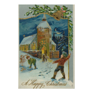 Happy Christmas - Vintage snowball fight postcard Photo Print