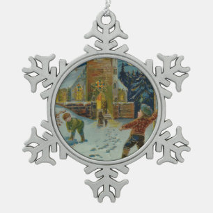 Happy Christmas - Vintage snowball fight postcard Snowflake Pewter Christmas Ornament