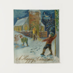 Happy Christmas - Vintage snowball fight postcard Tapestry