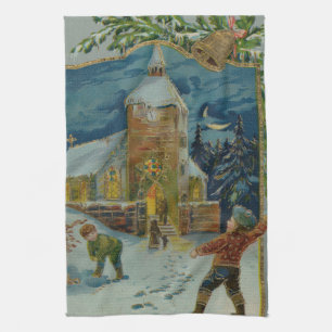 Happy Christmas - Vintage snowball fight postcard Tea Towel