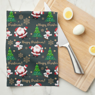 Happy Christmas with Santa Christmas Trees  Tea Towel