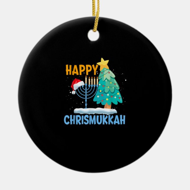 Happy Christmukkah Jewish Christmas Santa Hanukkah Ceramic Tree Decoration (Front)