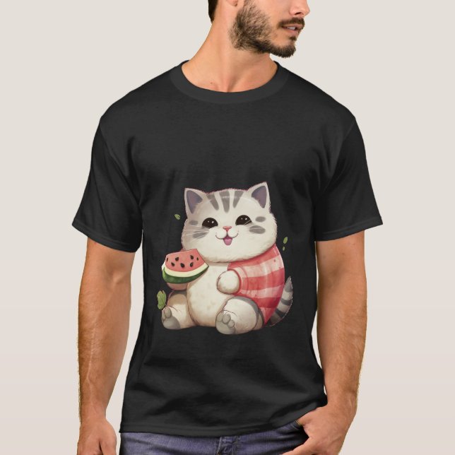 Happy Chubby Cat with Watermelon Summer Art ✨🐾🍉 T-Shirt (Front)